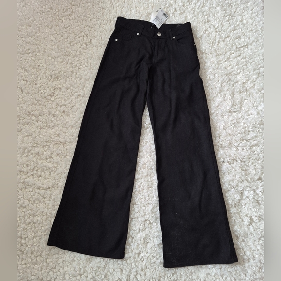 BNWT H&M Linen Blend Black Wide Leg Pants 0 Coastal Minimalist Summer boho Chic - Picture 2 of 12
